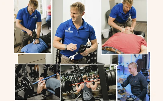 Collage of multiple images showing Dr. Paul Early performing chiropractic work, exercising, and sitting at a table with food.